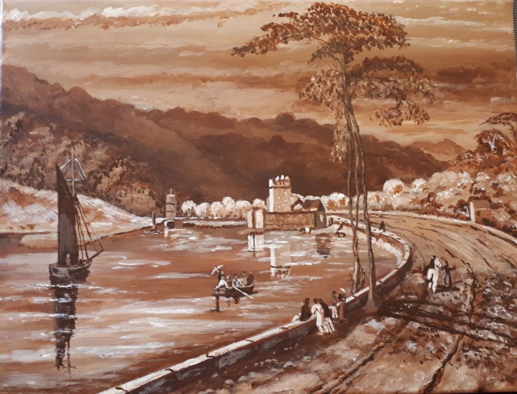 Sepia painting of Narrowater Keep